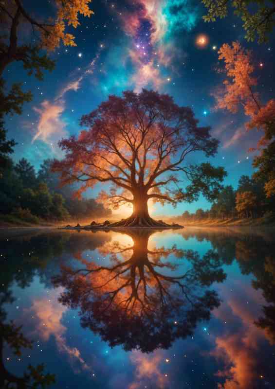 fiery autumn foliage reflected in a still lake | Metal Poster