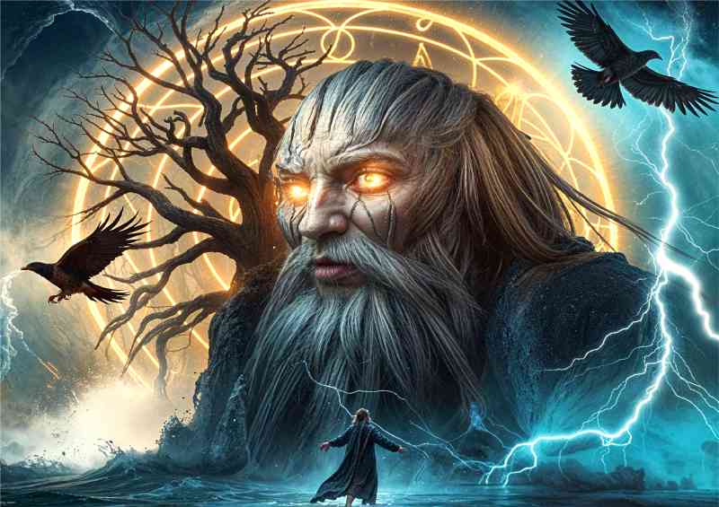 Odin with his ravens Huginn and Muninn | Metal Poster