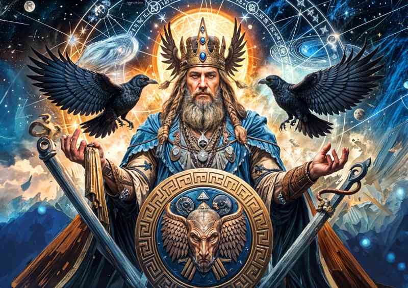 Odin with ravens and the celestrial skies nores mythology | Metal Poster