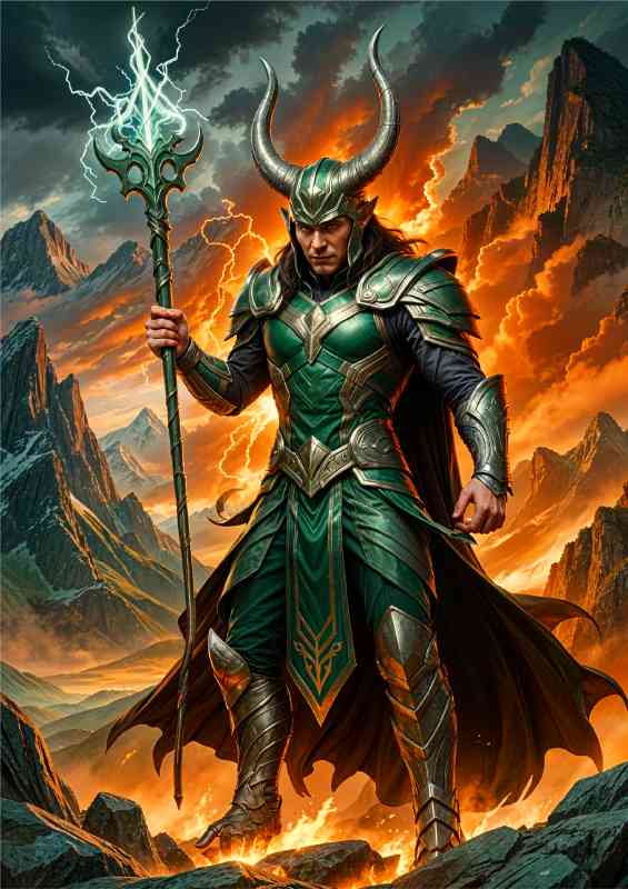 Loki norse mythology god in green with his Scepter | Metal Poster