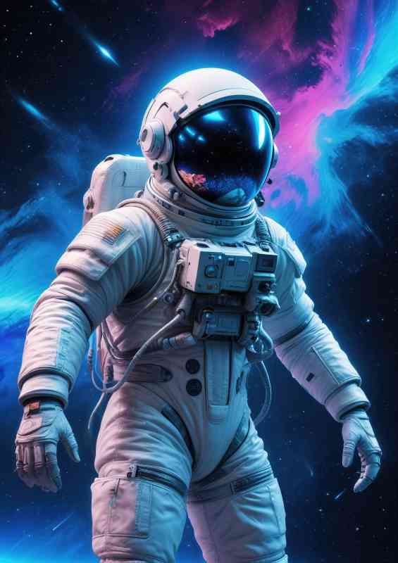 Astronaut in a white spacesuit floating in space | Metal Poster