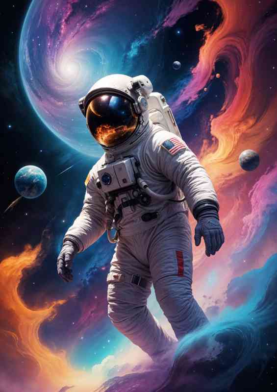 Astronaut with swirling nebulae planets and stars full vivid colours | Di-Bond
