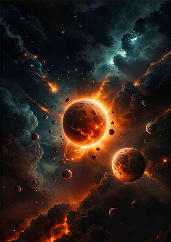 Firery planet surrounded by small planets | Poster