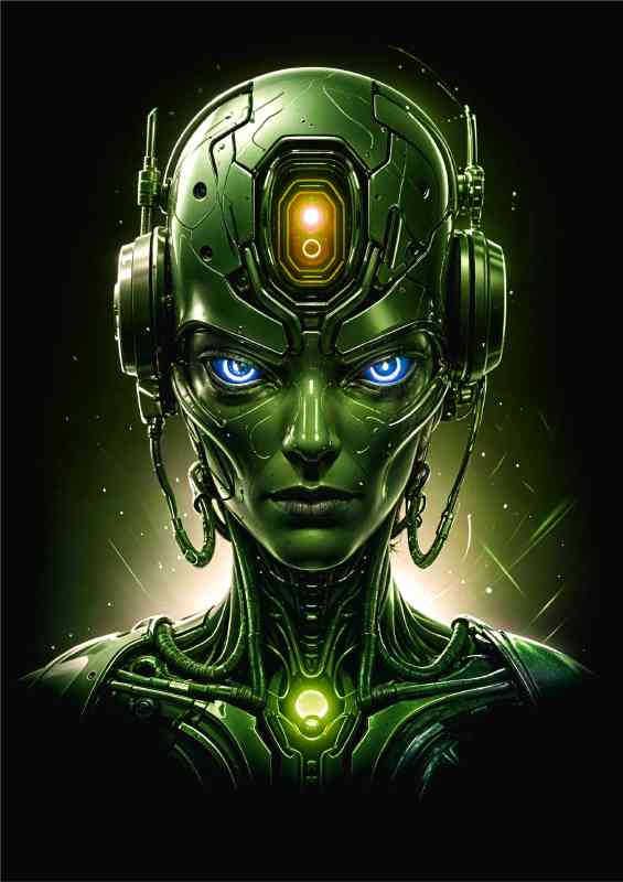 Cyberpunk robot head in neon green | Metal Poster