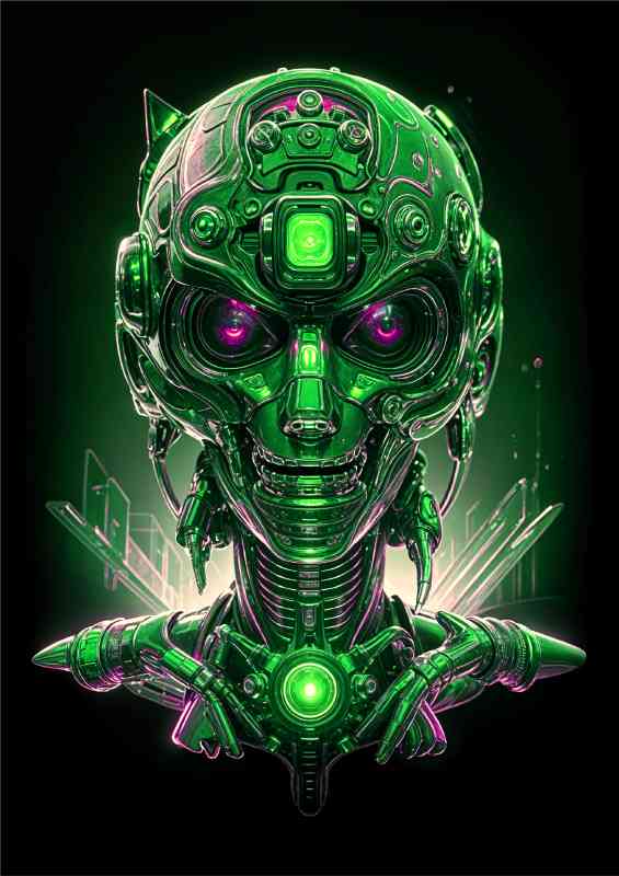 Cyberpunk robot head neon green | Metal Poster