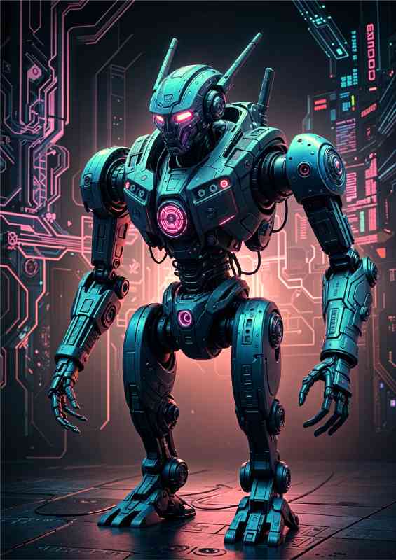 Cyberpunk robot in neon | Metal Poster