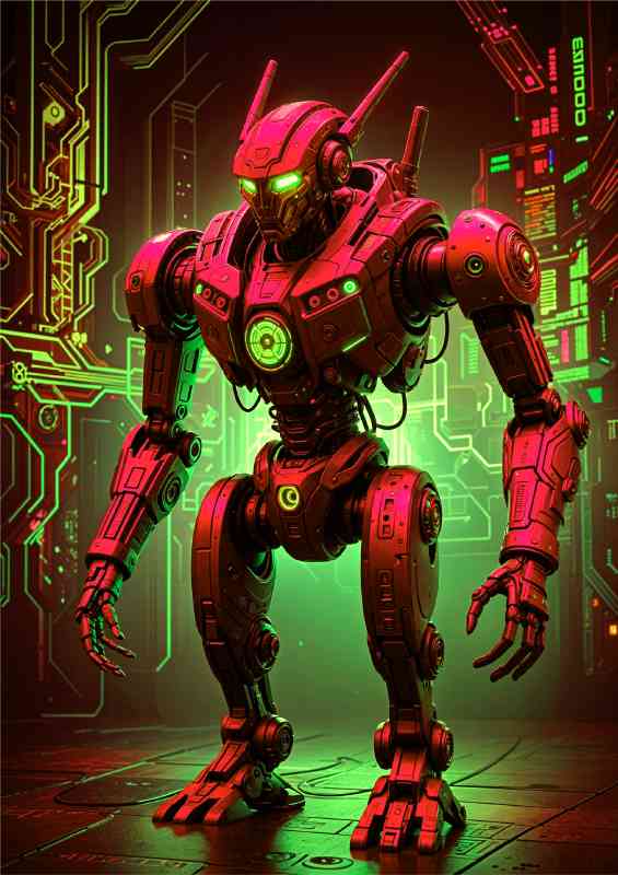 Cyberpunk robot in neon green and red | Metal Poster