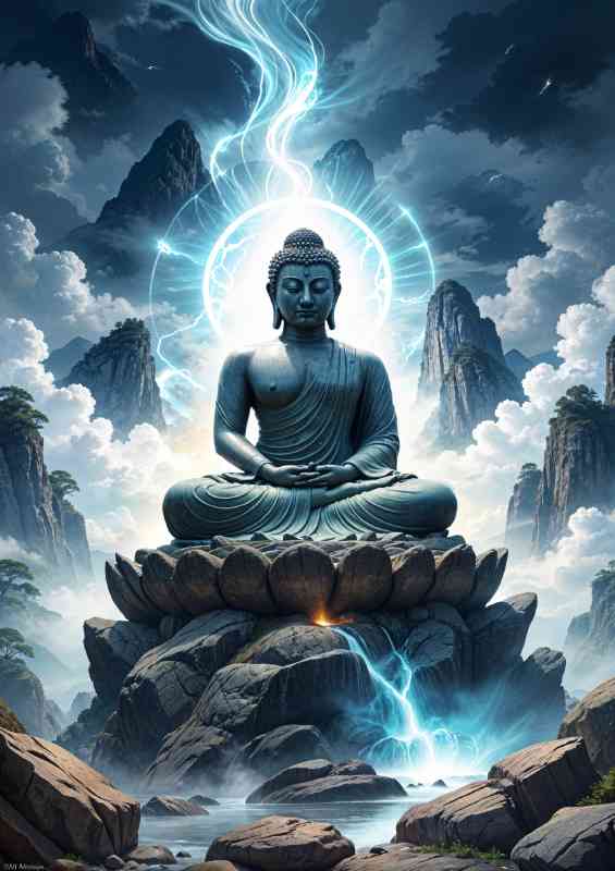Large lord buddha statue on the rocks | Poster