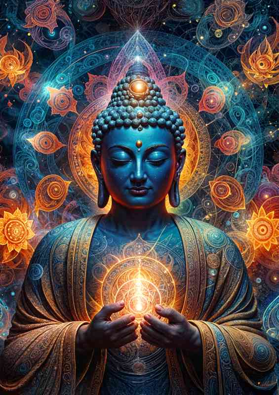 Lord Buddha with electric colours surrounding | Metal Poster