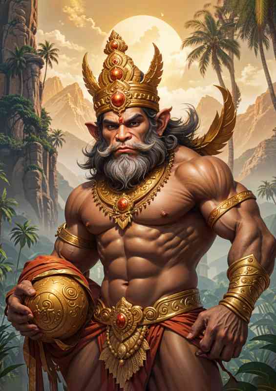 Lord Hanuman with a long beard and a golden crown | Canvas