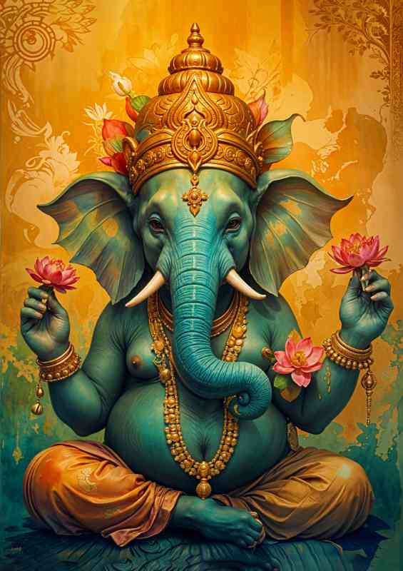Lord ganesha Hindu deity golden background | Metal Poster