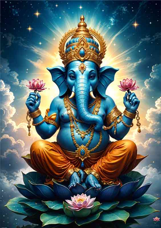 Lord ganesha with lotus flowers and lillys | Di-Bond