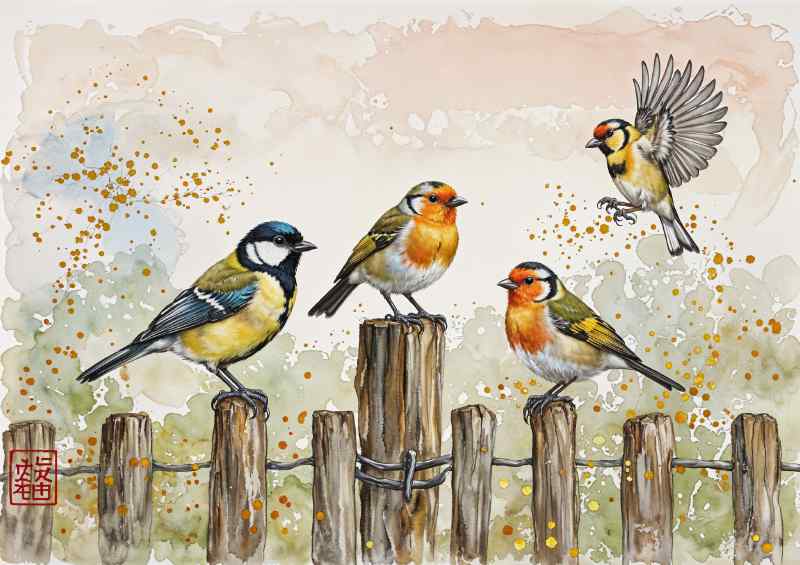 Blue tit robin and great tit on the post | Poster