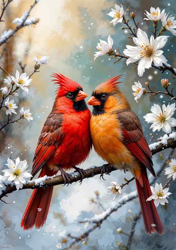 Two cardinals perched closely together on a branch | Canvas