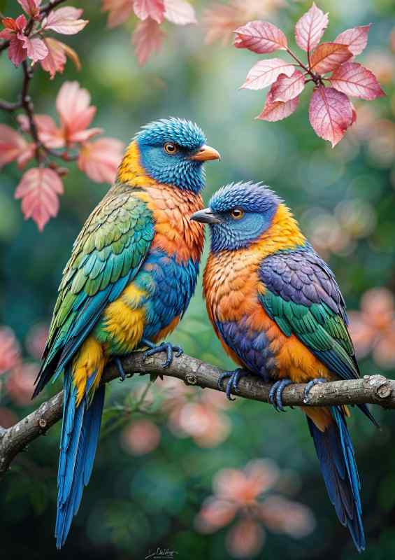 Two love birds perched closely together on a branch | Poster