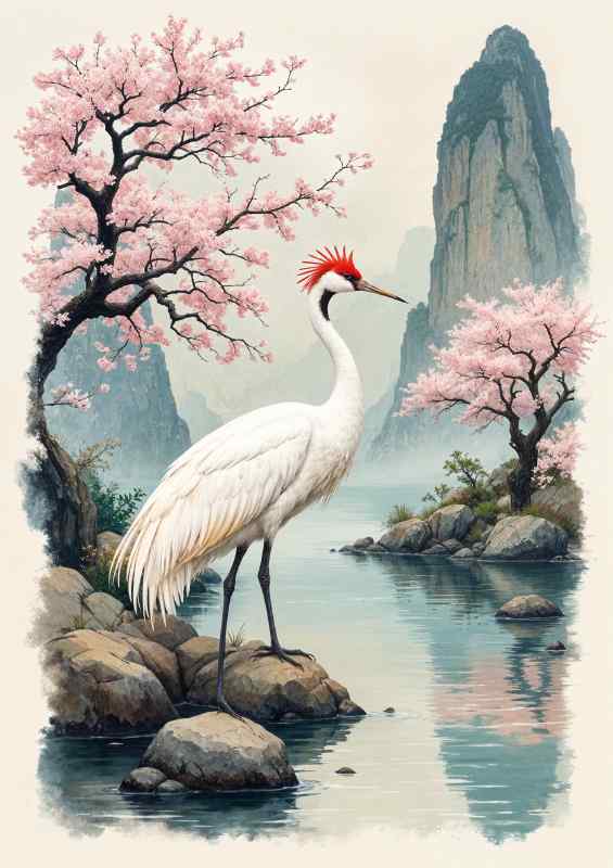 White crane with a red crown | Di-Bond