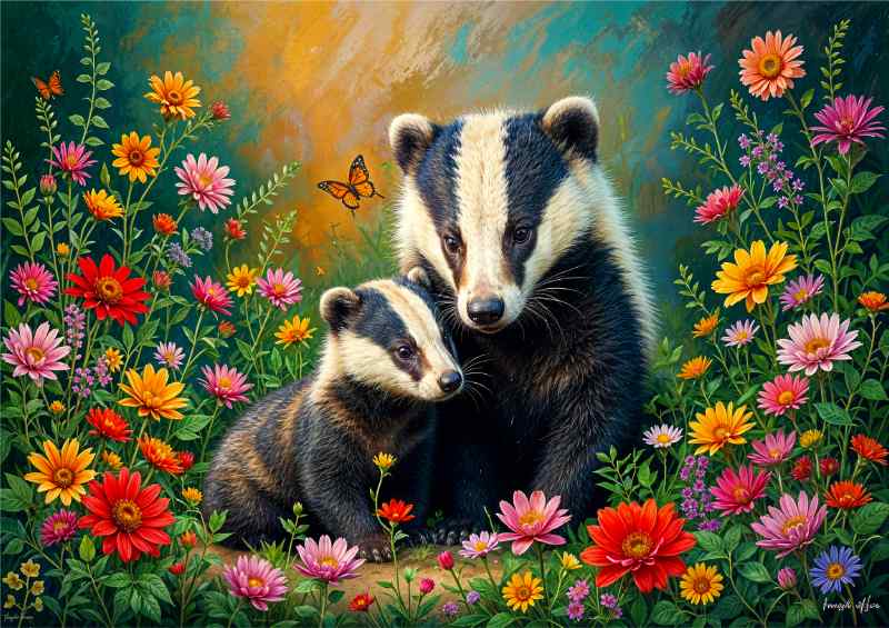 Badger and the cub surrounded by flowers | Metal Poster