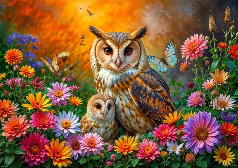 Barn owl and the cub surrounded by flowers | Metal Poster