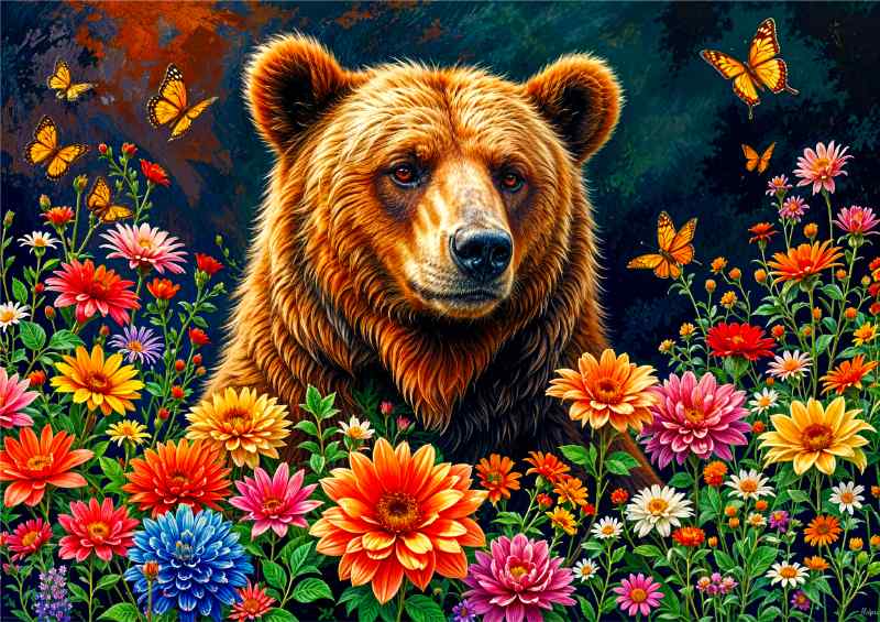 Bear brown surrounded by flowers | Poster
