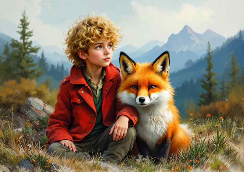 Boy and fox in the wilderness | Metal Poster