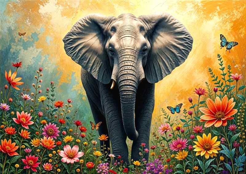 Elephant grey surrounded by flowers | Canvas