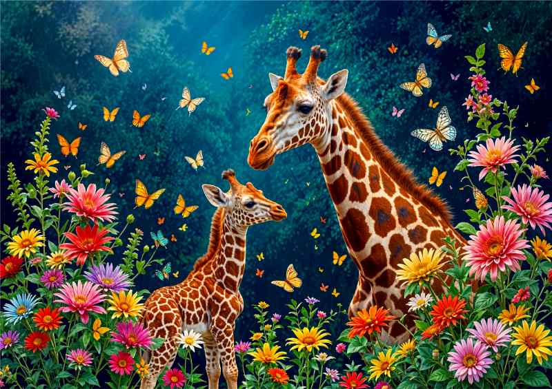 Giraffe and the cub surrounded by flowers | Poster