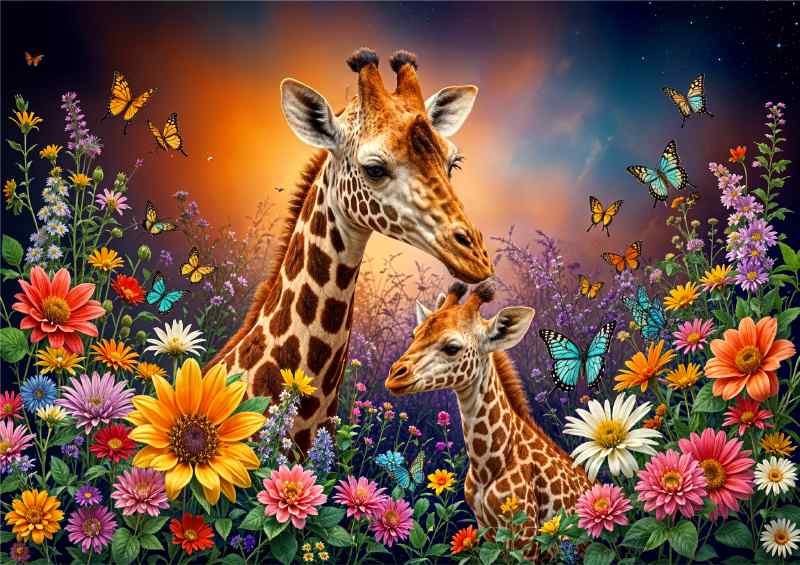 Giraffe and the little giraffe surrounded by flowers | Metal Poster