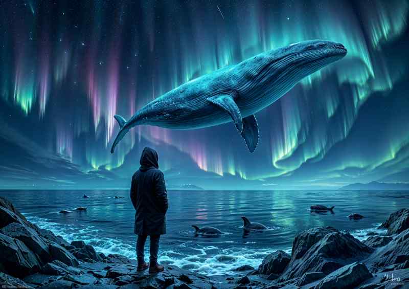 Large whale swimming through the night aurua | Poster