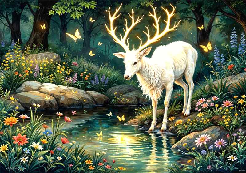 Magical white deer by the stream | Poster