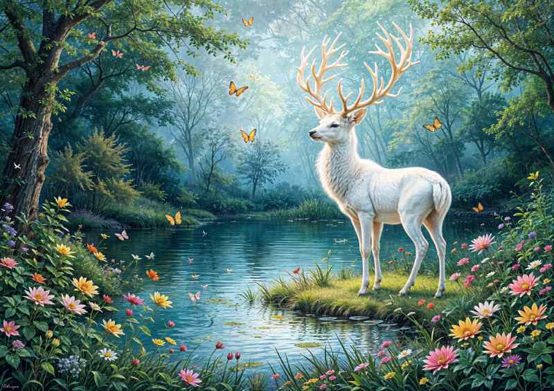 Magical white deer in the woodlands | Di-Bond