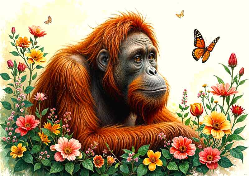 Orangatang surrounded by flowers | Poster