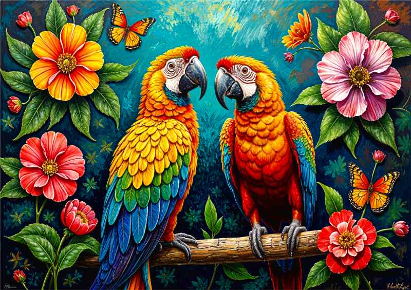 Parrotts surrounded by flowers | Canvas