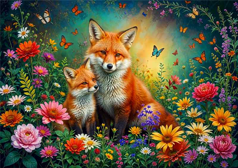 Red Fox and the cub surrounded by flowers | Poster