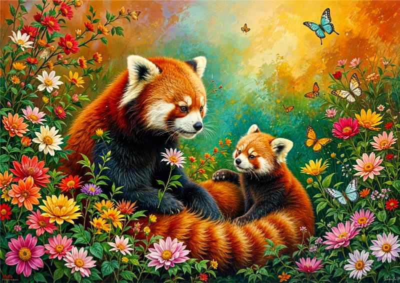 Red Panda and the cub surrounded by flowers | Metal Poster