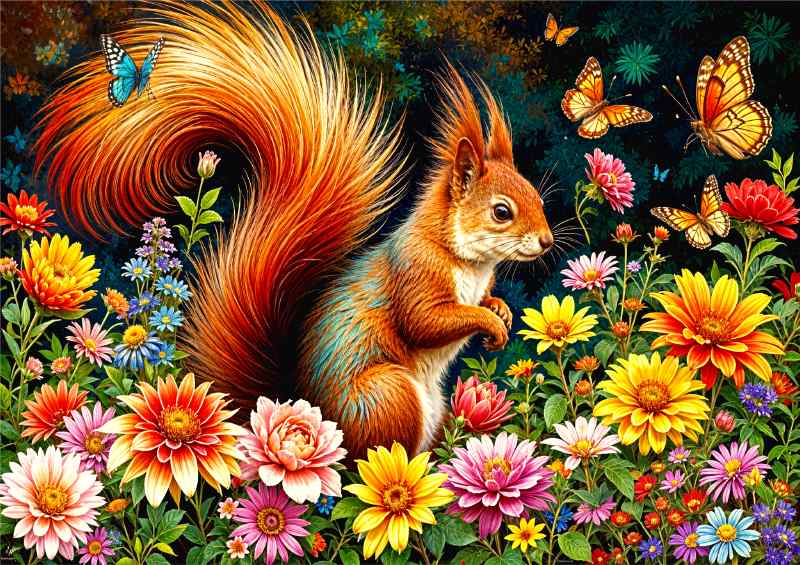 Red Squirrel surrounded by flowers | Poster
