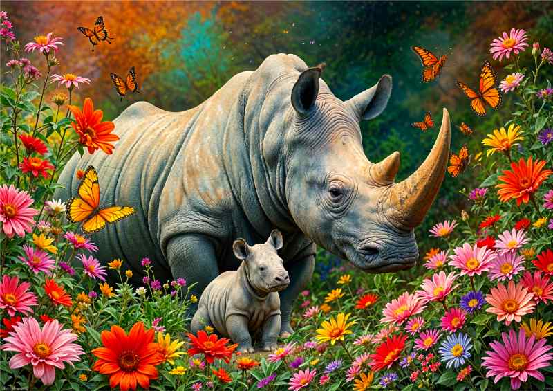 Rhino and the cub surrounded by flowers | Di-Bond