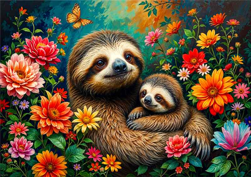 Sloth and the cub surrounded by flowers | Di-Bond