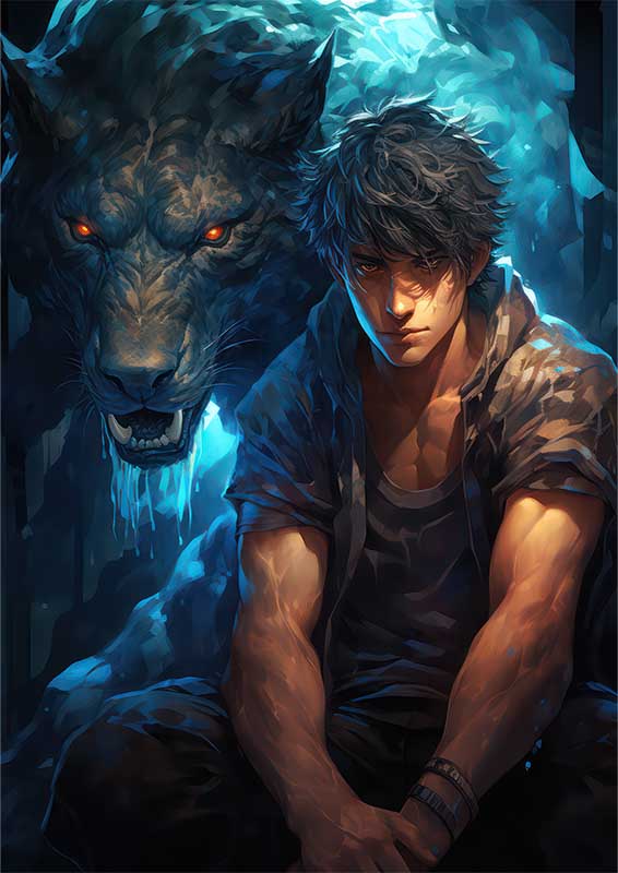 Anime with a person and a large beast in blue | Canvas