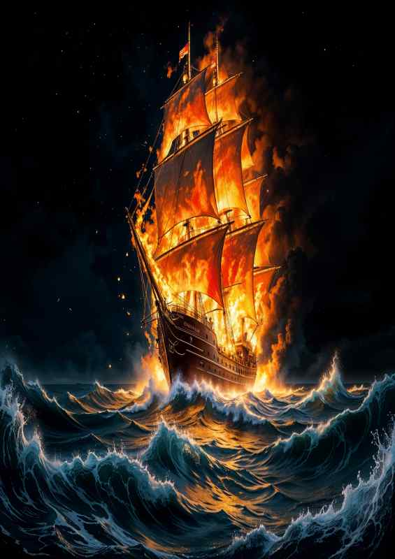 Fire ghost ship sailing the seas | Metal Poster