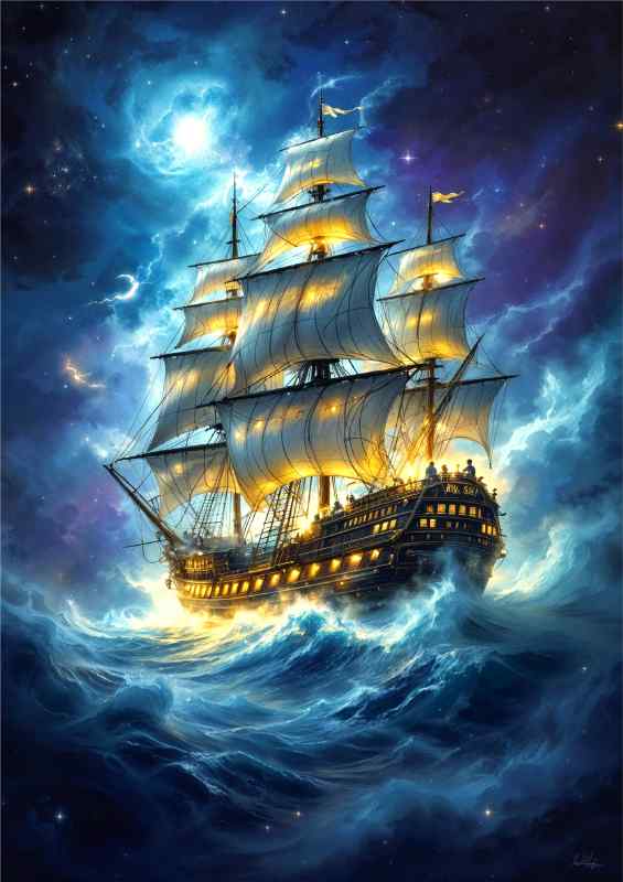Glowing sailing ship on the rough sea | Metal Poster