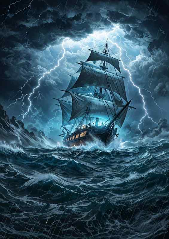 Large old war ship in the rough sea | Metal Poster