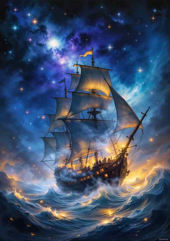 Sail ship full sail at night | Metal Poster