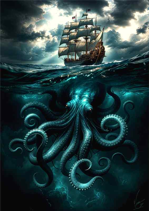 Sailing ship and octopus in the rough sea | Metal Poster