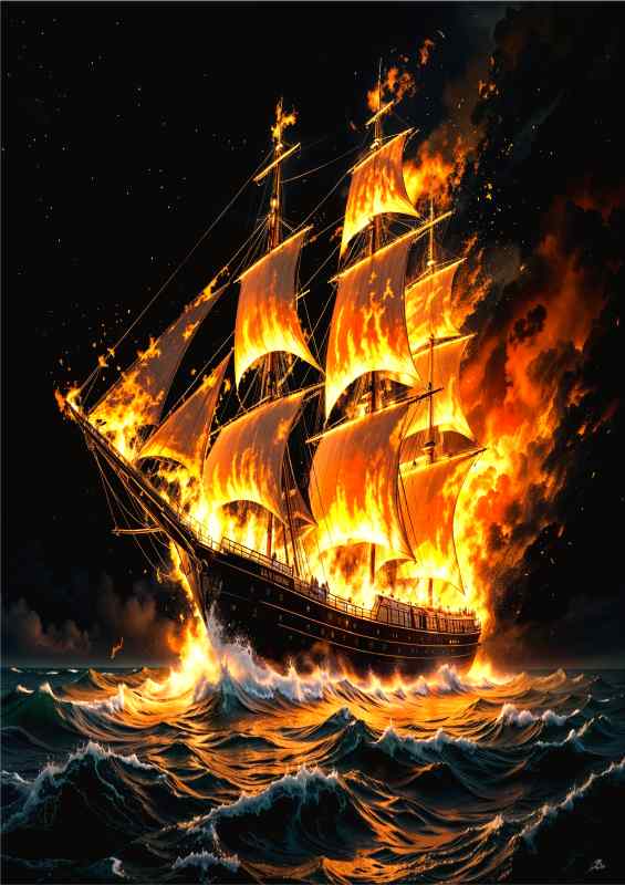Ship ghostly on fire sailing thought the sea | Metal Poster
