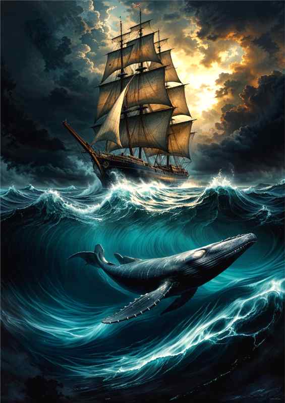 The whale and the sail ship | Metal Poster