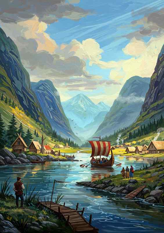 Viking ship sailing down river | Metal Poster