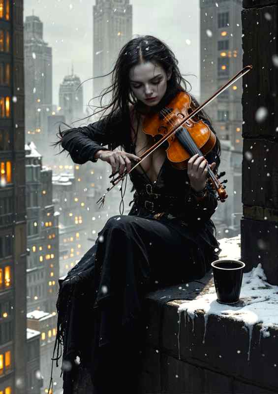 Lady on the roof with her violin | Metal Poster