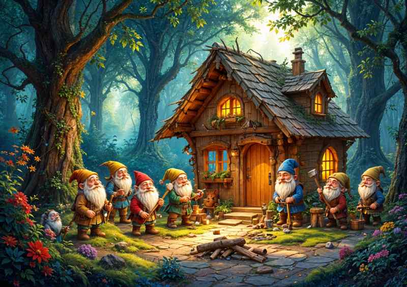 Dwarfs building in the woods | Canvas