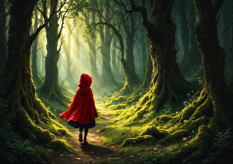 Girl with red cape walking in the woods | Metal Poster