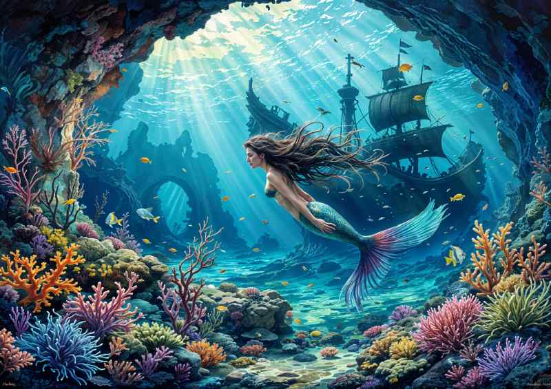 Mairmaid next to the sunken ship | Metal Poster